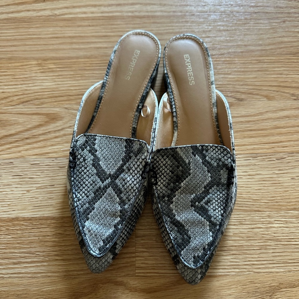 Express Black and Gray Snake Pattern Mules